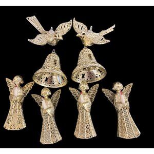 VTG Gold Plastic Ornaments MCM Angels, Bells, Birds Set Of 8